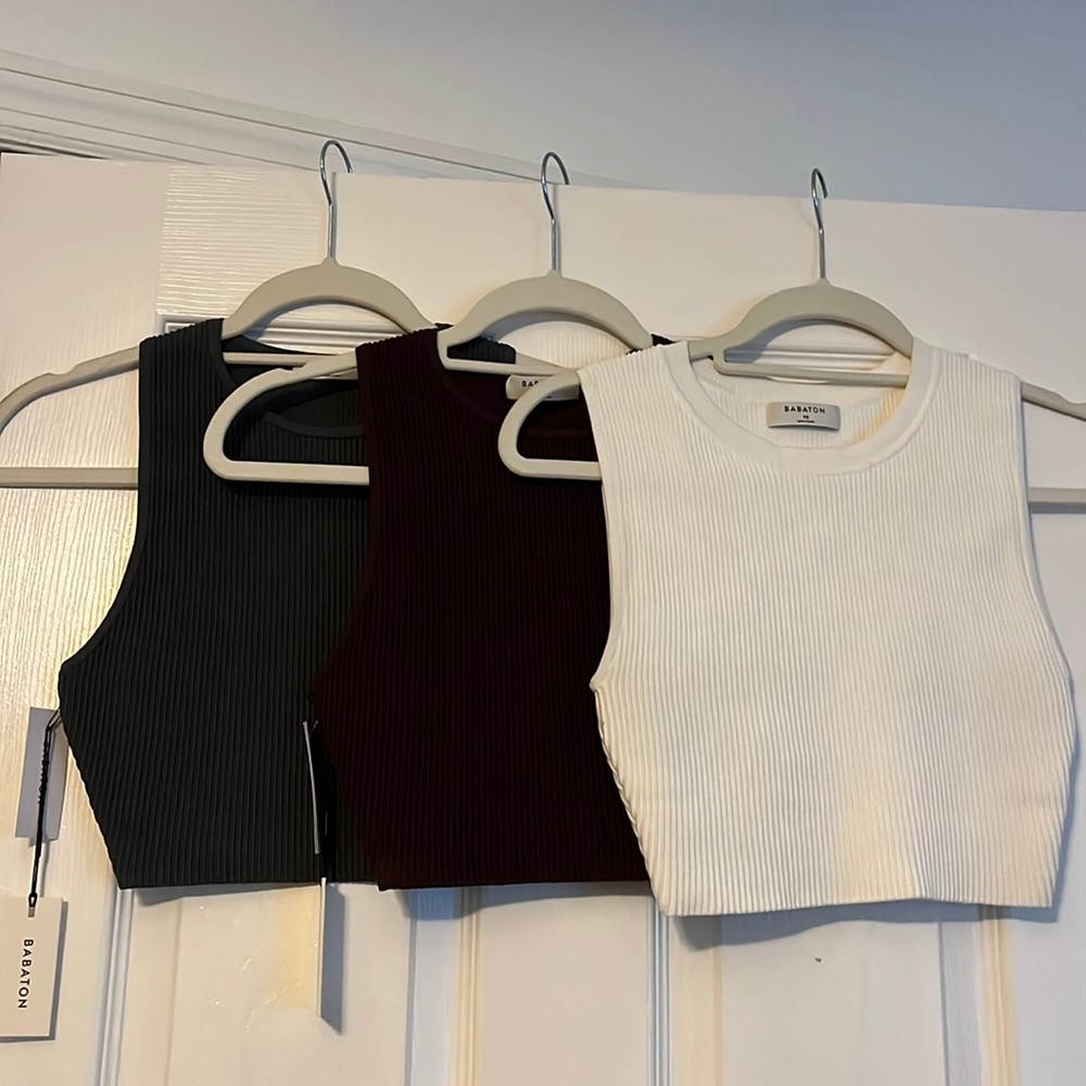 Three Aritzia Babaton ribbed crop tops